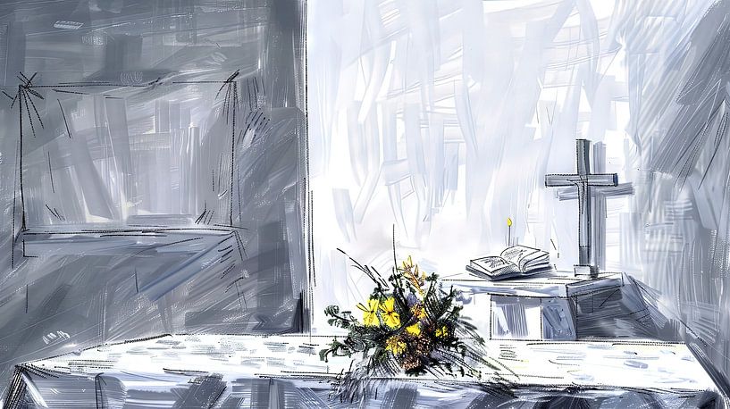 Peaceful chapel with a bouquet of flowers by Frank Heinz