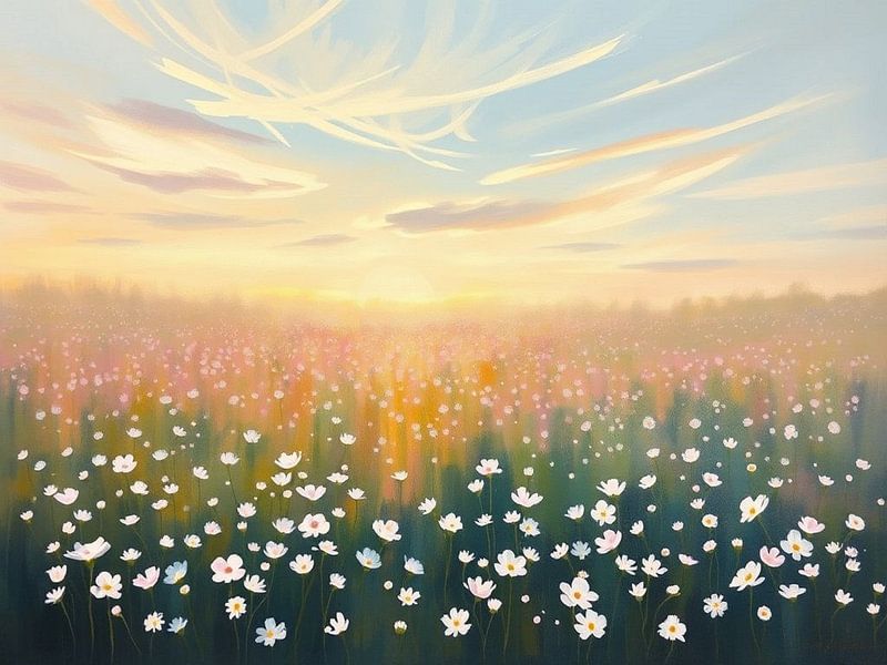 Golden Hour Meadow: Ein ruhiges Feld mit weißen Kosmen bei Sonnenuntergang von Artistic