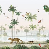 Platz im tropischen Dschungel mit Palmen und exotischen Tieren