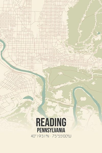 Carte ancienne de Reading (Pennsylvanie), États-Unis. par Affiches de lieux