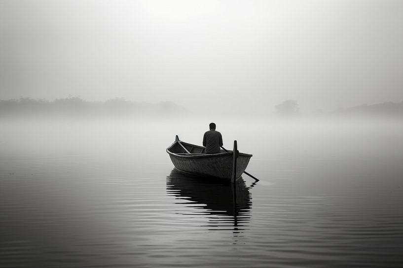 A black and white photo of a man in a boat on the lake by Animaflora PicsStock
