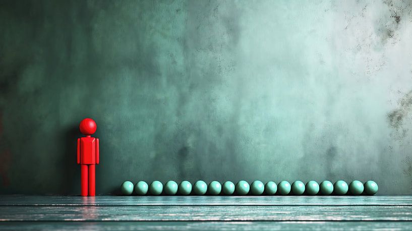 Red figure stands out from green figures by Frank Heinz