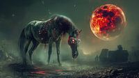 Zombie-paard onder een bloedrode maan in een somber landschap