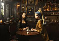 Leonardo Da Vincis Mona Lisa und Johannes Vermeers Mädchen mit dem Perlenohrring beim Kaffeetrinken