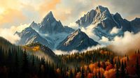 Mountains between forest and mist: an autumnal mountain landscape in the warm light of earth and sky