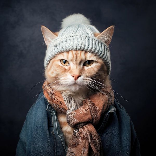 Porträt eines roten Katers mit warmer Wollmütze von Vlindertuin-Art