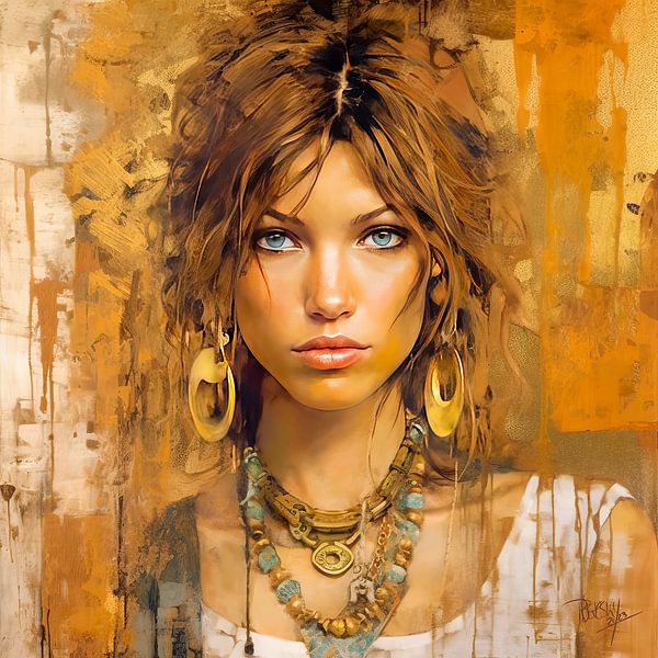 Worldly Woman Naomi with gold and earth tones by René van den Berg