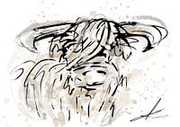 Schotse Hooglander Aquarel en pentekening - modern kunstwerk in waterverf stijl