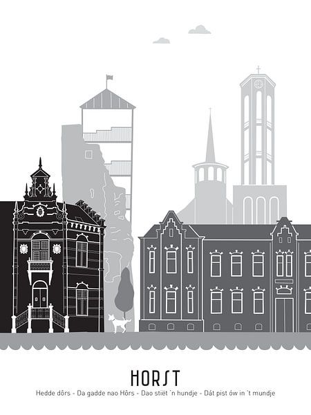 Skyline illustration city of Horst in black-and-white-grey by Mevrouw Emmer