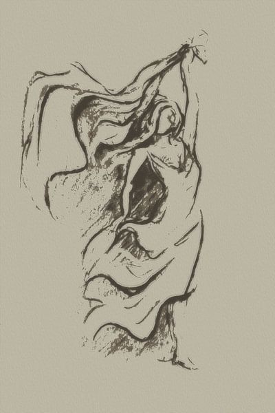 Vrouw danst met de wind - semi abstract kunstwerk in taupe en greige van Emiel de Lange
