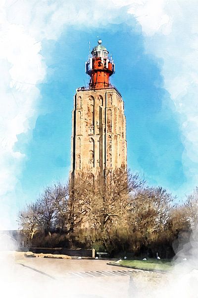 Aquarelle du Phare &#039;t Hoge Licht à Westkapelle, Zélande par Danny de Klerk