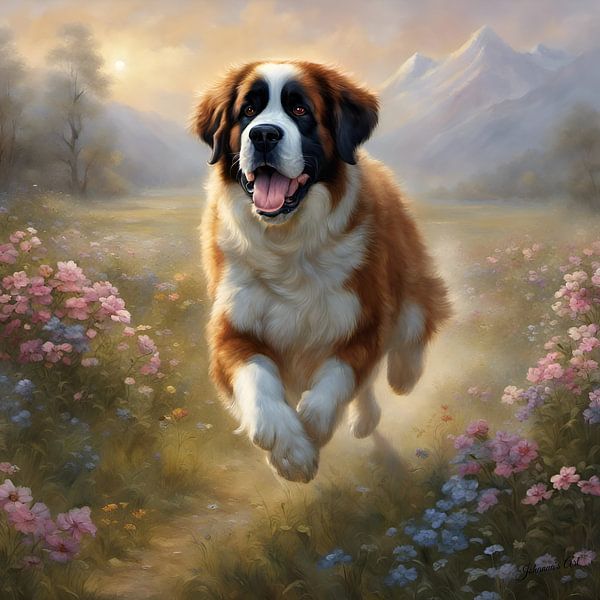 Saint Bernard dog playing in a Flowerfield by Johannas Art Creations
