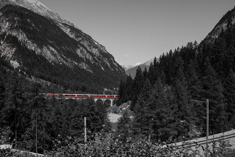 Red train over bridge in the mountains, Switzerland by Sasja van der Grinten