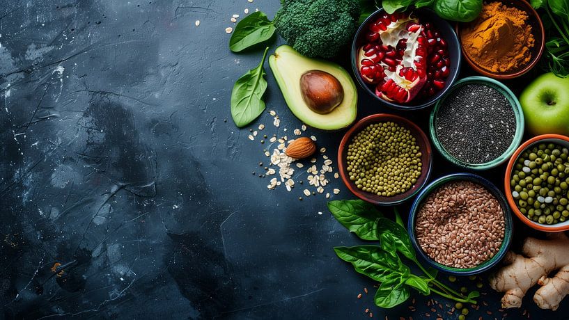 Healthy food clean eating selection: fruit, vegetable, seeds, superfood, cereals, leaf vegetable on gray  copy space von de-nue-pic