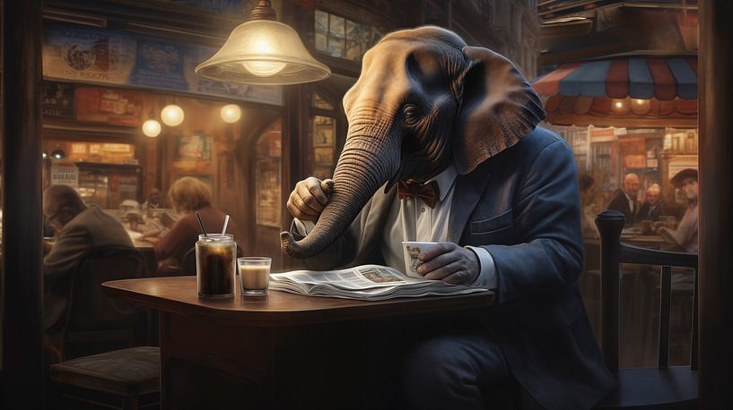 Elefant in einer Bar liest die Zeitung Illustration von Animaflora PicsStock