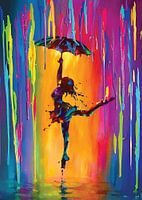femme dansant avec un parapluie sous la pluie peinture