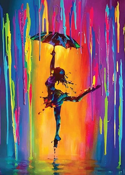 woman dancing with an umbrella in the rain painting by Randy Barbara