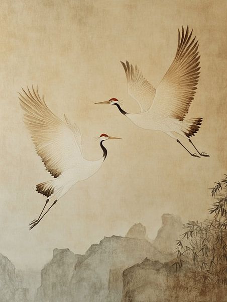 Danse des deux grues dans le style mural de Dunhuang par Dream Designs art work
