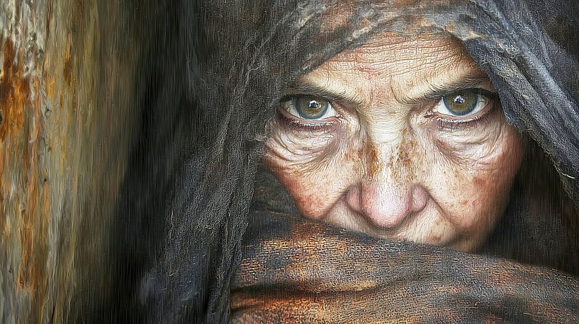 Elderly woman with headscarf and blue eyes by Frank Heinz