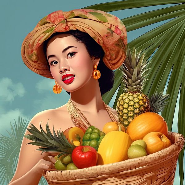 Jeune femme asiatique des années 1940 avec un panier de fruits par Marc van der Heijden • Kampuchea Art