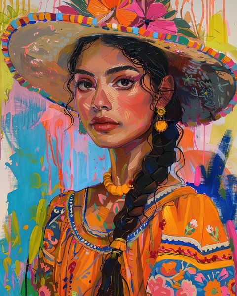 Señorita mit Blumenhut, buntes Porträt voller mexikanischer Energie von Digatelier