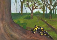 Salamandre de feu dans la forêt du Limbourg, gouache d'un paysage forestier