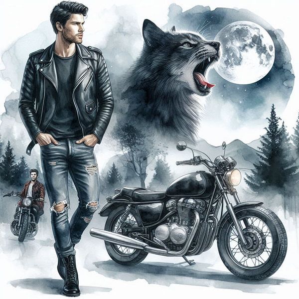 Mann mit Motorrad und Katze von Bernhard Karssies