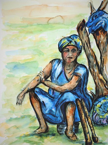 Portrait d'une femme africaine travaillant dans les champs. Inspiré par Gaugain par Ineke de Rijk