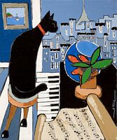 Schwarze Katze am alten Klavier und Notenblatt, mit Goldfischen von Matisse, in Paris...