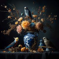 Still life of parakeets around a Delft blue vase with flowers in the style of the Old Masters