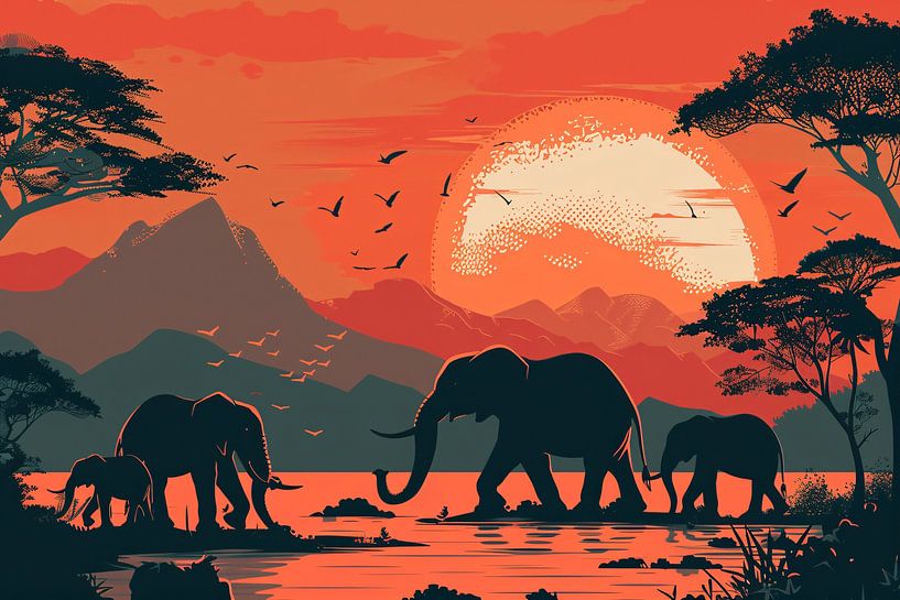 Éléphants au coucher du soleil par Art & Soul Creations