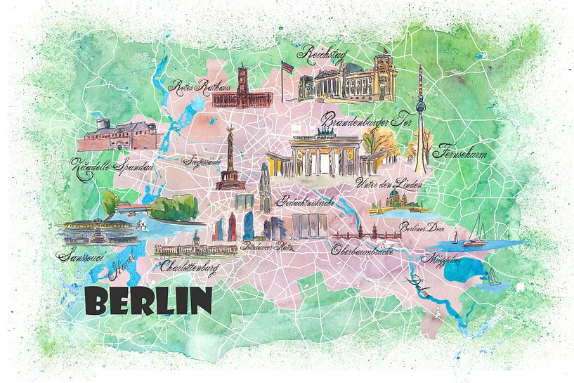 Illustrated map of Berlin with sights and highlights of the main streets by Markus Bleichner