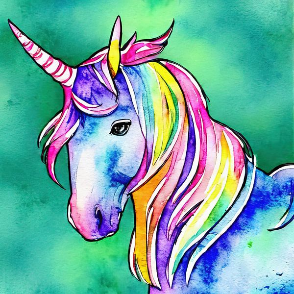 Aquarelle bunte Einhorn Malerei von Laly Laura