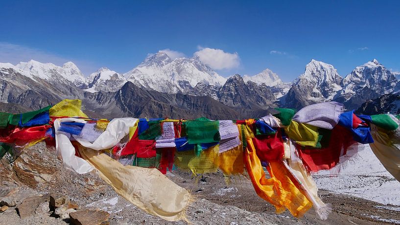 Drapeaux de prière avec panorama de l'Everest par Timon Schneider