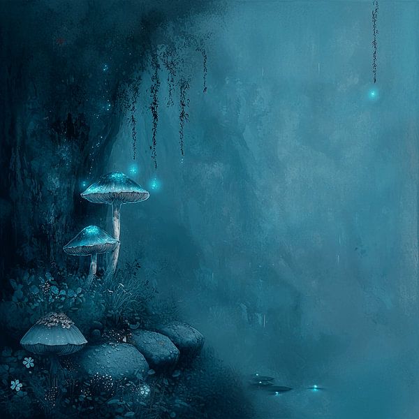 Blue Enchanted Mushrooms in a Magical Forest by Karina Brouwer