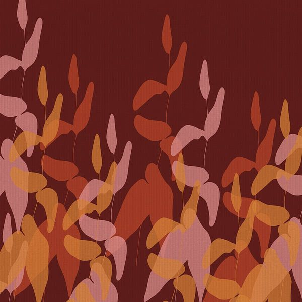Bladeren in terra, roze, geel op wijnrood. Herfstig abstract botanisch van Dina Dankers