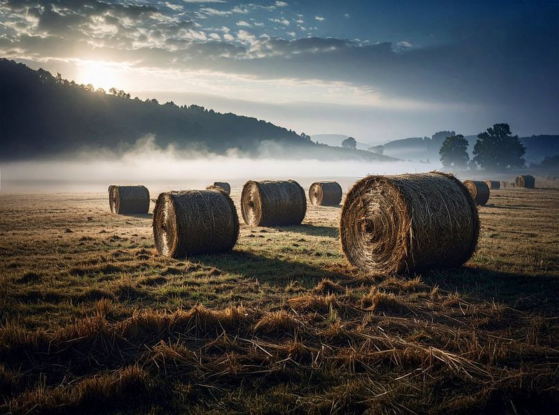 Hooibalen in de mist van Christina Bauer Photos