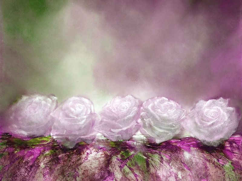 Snow Roses - rose et vert avec du blanc par Annette Schmucker