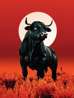 Midnight Fury - Majestätischer schwarzer Stier unter karminrotem Mond Wandkunst