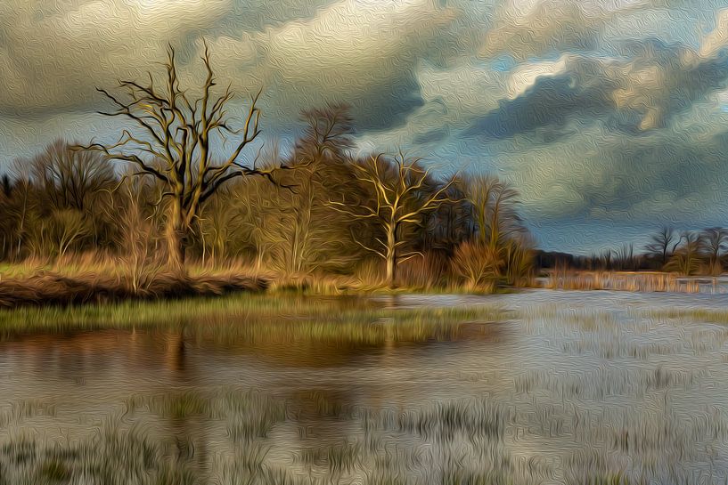 Bäume auf der Drentsche Aa (Ölfarbe) von Karla Leeftink