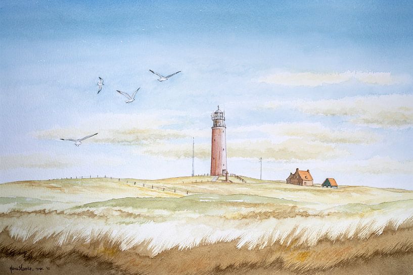 Aquarell einer Dünenlandschaft; Der rote Leuchtturm auf der Watteninsel Texel von Galerie Ringoot