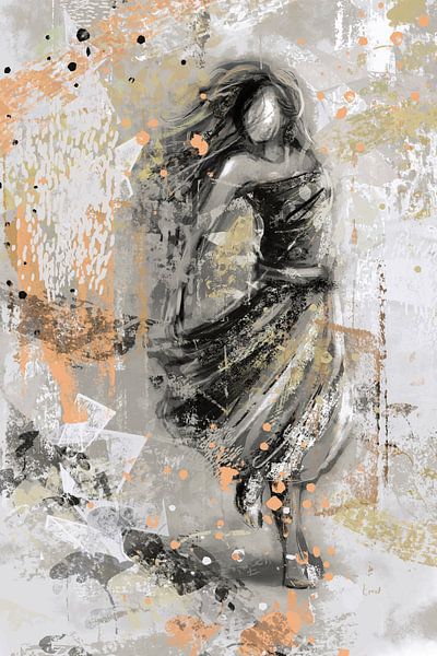 Abstrakte Frau mit Kleid orange ocker schwarz und weiß von Emiel de Lange