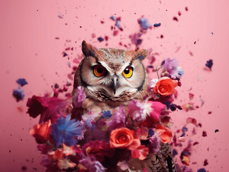 Die weise Eule im Blütensturm von Eva Lee