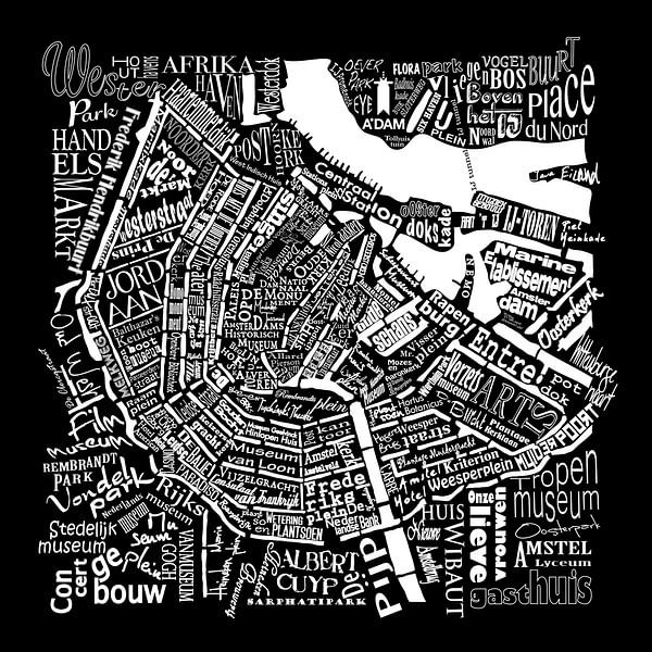 Amsterdam Stadtplan schwarz-weiß in Worten mit A'dam Turm von Muurbabbels Typographic Design
