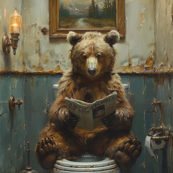Majestätischer Bär Liest Zeitung Im Badezimmer - Kunstwerk von Poster Art Shop