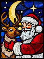 Glasmalerei Santa & Rentier im Mondschein