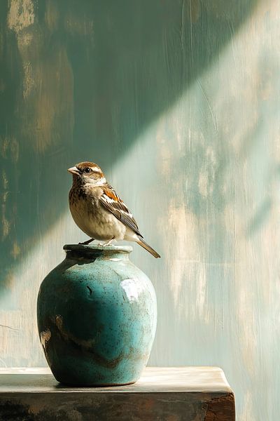 Spatz auf türkisfarbener Vase von Color Square