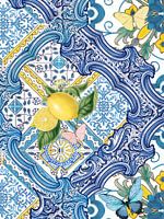 Lemon and Butterfly on Blue Mediterranean Tiles with Delft Blue Flowers