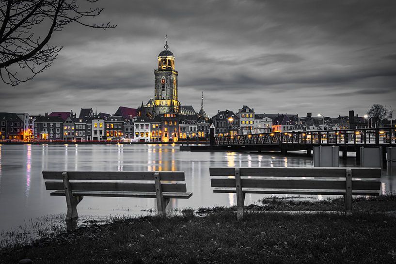 The Deventer skyline seen from the bench in black and white by Jaimy Leemburg Fotografie