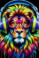 A lion in glasses listens to music